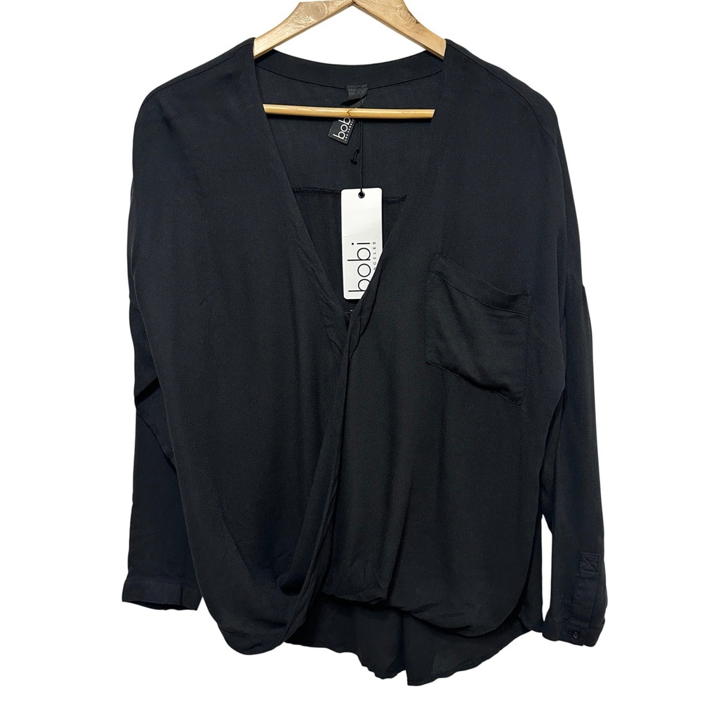 Bobi Los Angeles Drape Front Blouse Women Small Black Long Sleeve Minimalist NEW